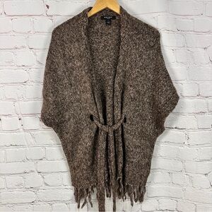Nine West Sweater Womens Medium Brown Tan Wrap Cardigan poncho Fringe Heathered